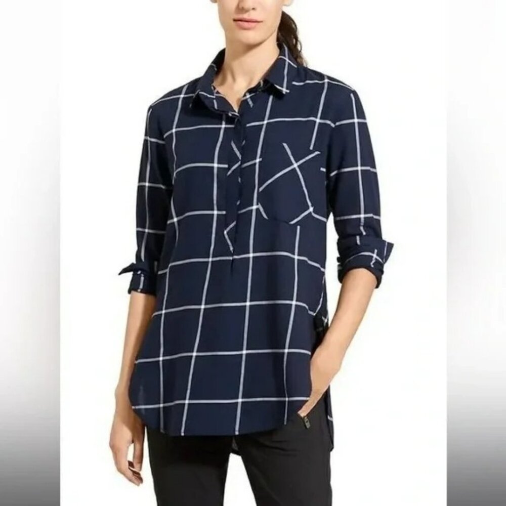 Athleta Navy Blue White Windowpane Presidio Pullover Tunic Top XS Office Casual